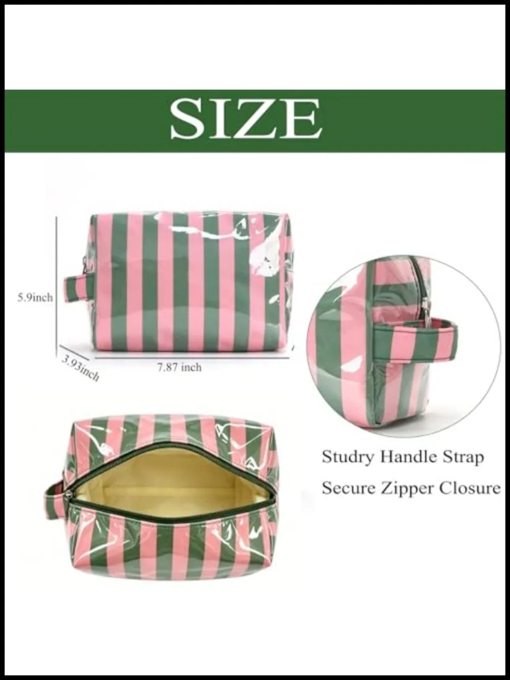 Waterproof PVC Stripe Makeup Bag with Handle Strap Large Capacity Travel